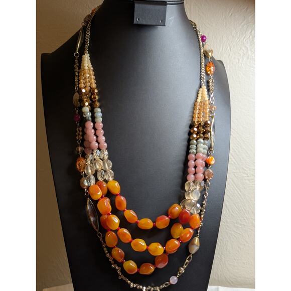 Two Coordinating Loft Beaded Orange Pink Yellow Gold Tone Beaded Long Necklaces - Picture 12 of 12